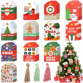 144 PCS Etiquetas Papel Kraft Navideñas para Regalo, 12 Patrones Etiquetas Colgantes Navideñas con Hilo de 3 Colores para Envoltura y Decoración de Regalos Navideños