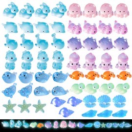 Piacolnic 60Pcs Mini Resin Animals, 18 Styles Resin Ocean Animal Figurines, Multicolor Glow in The Dark Tiny Animals for Fish Tank Aquarium Garden Dollhouse Party Decorations