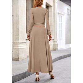 PRETTYGARDEN Women Fall Spring 2 Piece Outfits Dressy Casual Ribbed Knit Long Sleeve Crop Top Maxi Flowy Skirts Matching Sets (Khaki,Large)