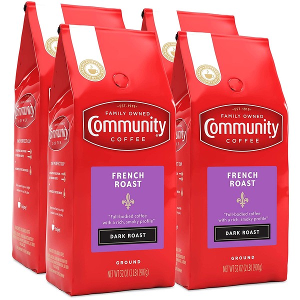 Community Coffee French Roast Extra Dark Roast Premium Ground 32 Oz Bag (4 Pack), Full Body Rich Robust Taste, 100% Select Arabica Coffee Beans