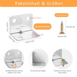 Pack of 30 Angle Connectors, Stainless Steel, Metal Brackets, 90 Degree Angle L Brackets, Corner Angle 32 x 25 mm Construction Angle Mounting Holes with 120 M4 Screws Wood Connector for Wooden