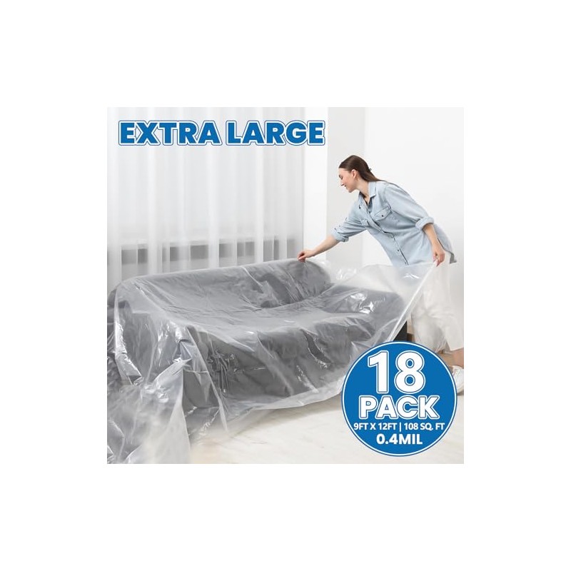 18 Pack Plastic Drop Cloth, 9 x 12 Feet Plastic