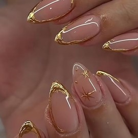 Uñas Postizas Francesas Doradas, Almendradas Medianas, Con Diseños 3D, Brillantes, De Cobertura Total, Con Estrellas Metálicas Doradas. Uñas Acrílicas