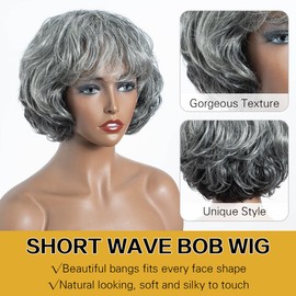 JOEDIR HAIR Short Curly Wave Bob Wig with Bangs Human Hair for Women Short Curly Bangs Wigs Curly Bob Glueless Wig 150% Density (Brown)