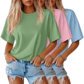 Huukeay 3 Pack Women's Half Sleeve T-Shirts, Crew Neck Elbow Length Tops Loose Casual Basic Tees Summer Cotton Tunic Tops(Green, Pink, Sky Blue,XX-Large)