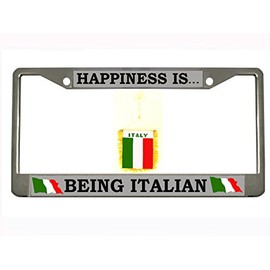 Happiness is Being Italian Chrome Metal Auto License Plate Frame Car Tag Holder with car Banner Flag