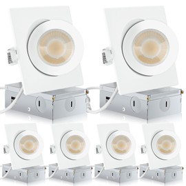 KnLnny Ware Square GimbalRecessed Lighting 4 Inch 6 Pack, Ajustable Eyeball recessed Light with Junction Box,5 Color Selectable,Airtight,9W 750LM,Dimmable,White