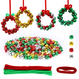 YBB 320Pcs Jingle Bell Wreath Ornaments Kit, 0.59inch Christmas Crisp Sound Bells for Craft with 20 Chenille Stems and Red Ribbon for Christmas Tree Party Decorations Kids DIY Crafts (4 Colors)