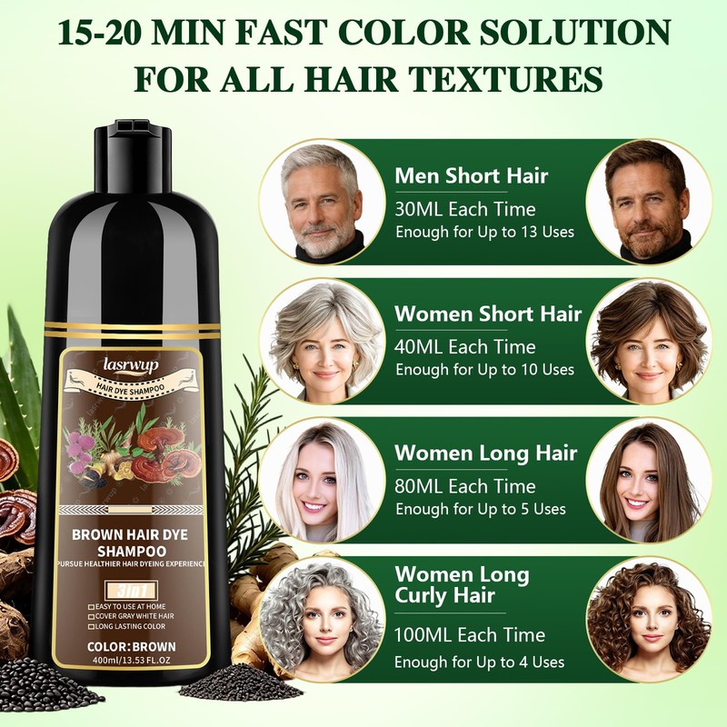 LASRWUP Brown Hair Dye Shampoo for 100% Gray Hair Coverage