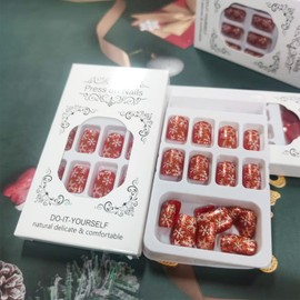 Short Square White Christmas Snowflake Press on Nails 24Pcs Snowflake Fake Nails Glossy Red Glitter Acrylic False Nails Xmas Snowflake Gel Glue on Nails Snowing Stick on Nail for New Years Women Girls