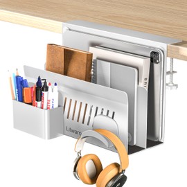 Desk Side Storage Organizer, 2 Tier Under Desk Laptop Holder Clamp on Desk Shelf, No Drill Laptop Desk Mount with Magnetic Pen Holder, Hanging Desk Organizer Fits Flat Edge Desk 0.4" to 2.1" (White)