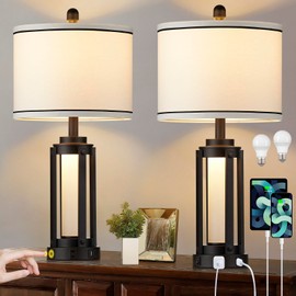 25" Modern Table Lamps Set of 2, Industrial Beside Lamps with USB A+C Charging Ports & AC Outlet, Nightstand Lamp with Glass Night Light for Living Room Bedroom End Table Decor White(4 Bulbs Included)