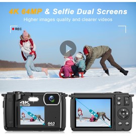4K Digital Camera, 64MP Dual-Lens Vlogging Camera for Photography and Video 30FPS, Autofocus Anti-Shake, Selfie YouTube Camera, Digital Camera with Flash, SD Card, 2 Batteries