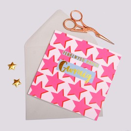Welsh Happy Birthday Greeting Card Wife, Pink Stars, Greeting Card with Text Foiled in Shiny Gold, Pen-blwydd Hapus Gwraig WCOL018