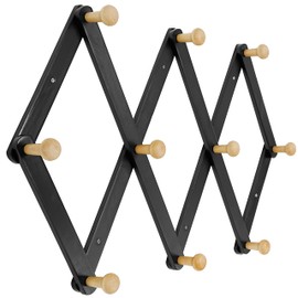 Dseap Expandable Coat Rack (Larger Version) - 24” High, Anti-Slip, Ultra Heavy Duty Wooden Accordian Wall Hanger with 10 Study Peg Hooks for Clothing Hats Jackets Bags, Black/Natural