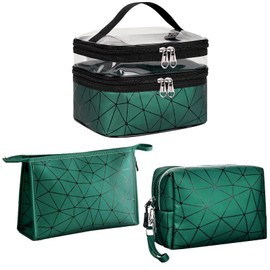 LEcylankEr Cosmetic Bag Double Layer Transparent Toiletry Bag with Large Makeup Bag and Makeup Bag, 3-Piece Cosmetic Bag Set for Men and Women, Green, Double layer