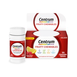 Centrum Fruity Chewables Tablets, Multivitamin Tablets for Men and Women, Vitamins with 13 Essential Nutrients including Vitamin C, D, and Zinc, 30 ct (Packaging and Tablet colour may vary slightly)