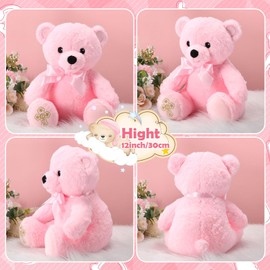 Syhood 12 Inch Baptism Gift Plush Bear Cute Soft Stuffed Animal Bear with Bow and Embroidered Catholic Prayer Christening Gifts for Boy Girl Baptisms Baby Showers Birthday Party Keepsake Favor(Pink)