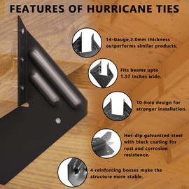 50pcs Hurricane Ties for Rafter, 14-Gauge Hurricane Straps Brackets Fit 2x4, 2x6 Truss to Rafter Connector, Hot Dip Galvanized Black Joist Hangers for Roofing Wood Timber, Hurricane Clips with Gloves