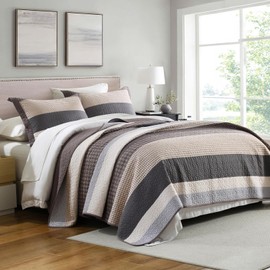 QuiltEase Stripe King Quilts - 100% Cotton Farmhouse Bedspread Bedding Set for All Season - Lightweight Reversible 3 Pieces Quilt Sets - Teak Brown/Oatmeal White/Misty Gray