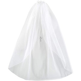 Elysian Gift Shop 4Pcs First Communion Accessory Set - White Tulle Veil with Headpiece - Satin Gloves - Brocade Pouch Bag - Crystal Cross Silver Bracelet