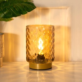 Aesthetic Battery Operated Lamp with Timer, Small Decorative Table Lamp, Glass Cordless Lamps Bedside Battery Powered Lamp for Living Room, Entryway Wave Design-Amber