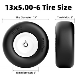 13x5.00-6 Flat Free Lawn Mower Tire, 13x5-6 Zero Turn Mower Front Tires, 13x5x6 Solid Mower Wheel for Residential and Commercial, 3/4" and Extra 5/8" Bearing, 3.25"-5.9" Center Hub, 2Pack White