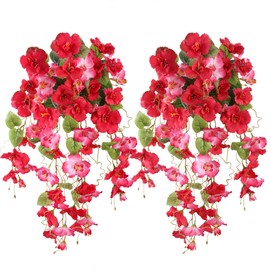 Fake Hibiscus Artificial Hanging Flowers Plants for Outdoors Spring Decoration, 2pcs Silk Hibiscus Vines Realistic UV Resistant Faux Flowers for Outside Planter Porch Patio Yard Wedding Party, Mix