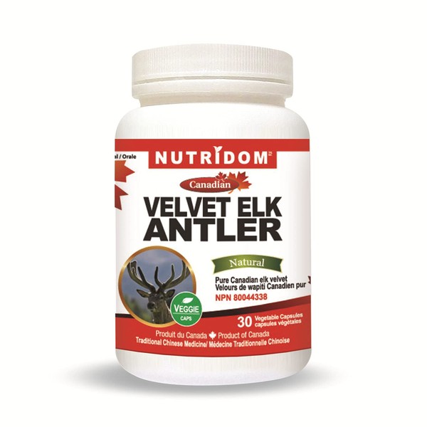 Nutridom Velvet Elk Antler 500 mg, 100% Canadian, Freeze-Dried, Non-GMO, NO Additives, Gluten Free, Made in Canada (30 Veggie capsules)