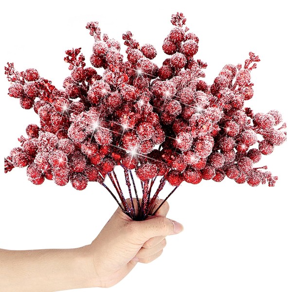 KKSTY Pack of 16 Artificial Frosted Red Berry Picks, 22cm