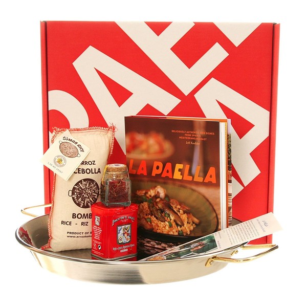 La Paella Kit Box Gift Set with 14-Inch Stainless Steel Pan, Medium, Silver