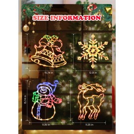 Christmas Window Silhouette Lights Decorations, Pack of 4 Sign Lighted Snowflake, Snow Man, Bell, and Deer for Holiday Indoor Wall Door Glass Decor