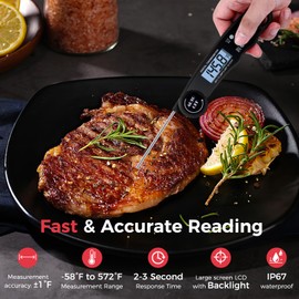 Meat Thermometer Digital – Ultra Fast Instant Read Food Thermometer for Cooking, Grill, BBQ, Baking, Frying, Candy Making, Waterproof with Backlight & Calibration and Hold Function (Black)