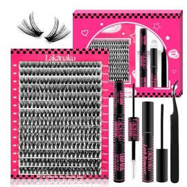 LAKANAKU DIY Lash Extension Kit,280 Pcs Cluster lash Extensions, 10-16mm Mix Wispy Lash Clusters, 50D D Curl Lash Clusters Kit with Bond and Seal and Tweezer and Remover,Fluffty Lash Extensions Kit