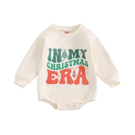 Zukmuk Newborn Baby Boys Girls Christmas Outfit Merry Mini Christmas Sweatshirt Romper In My Christmas Era Letter Embroidery Santa Crewneck Bubble Jumpsuit (Beige, 3-6 Months)
