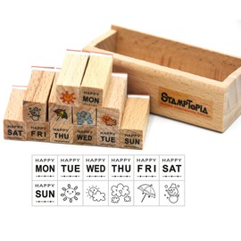 Youkwer 12 Pcs Mini Cute Wooden Rubber Stamps DIY Diary Scrapbook Stamps Set with Wooden Box （Week，Weather）