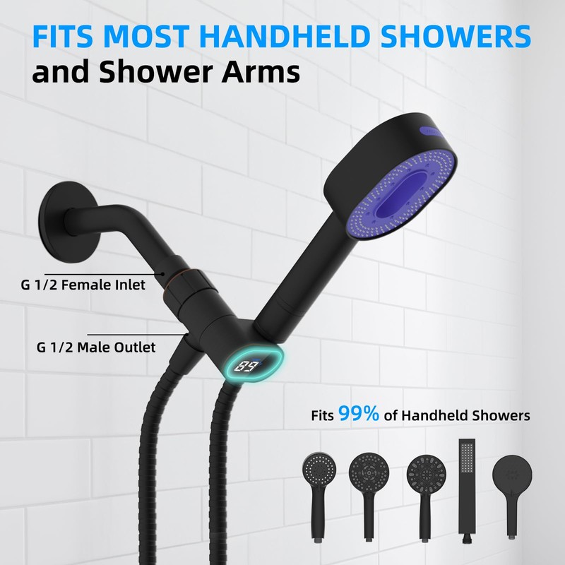 Hibbent Upgraded Metal Shower Head Holder with LED Display Thermometer,