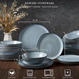 HaWare Plates and Bowls Set, Stoneware Dinnerware Sets, 18-Piece Hand-painted Dishware for 6, Ceramic Dinner Set for Home Kitchen, Scratch Resistant, Microwave and Dishwasher Safe, Reactive Foggy Blue