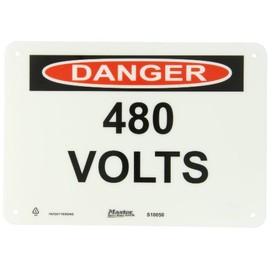 Master Lock S10050 10" Width x 7" Height Polypropylene, Black and Red on White Safety Sign, Header "Danger", Legend "480 Volts"