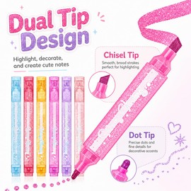 Glitter Highlighters, Sparkly Highlighters, Dual Tip Glitter Highlighter Assorted Colors, Cool Metallic Highlighters, Aesthetic Pink Sparkly Highlighter for Journal Planner, School Office Art Supplies