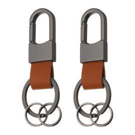 HARFINGTON 2pcs Car Keychain Clip 3.1" x 1.2" Leather Key Ring Key Holder Organizer with 2pcs Detachable Key Rings for Men Women, Brown