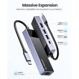 USB C Hub, ORICO 5 in 1 MacBook Docking Station Multiport Adapter with PD 60W，HDMI 4K@30Hz，USB-A3.0×1，USB-A2 .0×1，RJ45×1 Compatible for Dell/Surface/HP/Lenovo Laptops