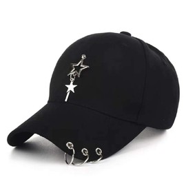 Gorra ajustada unisex negra, gorra K-pop, gorra de béisbol con cadena de anillo, gorra metálica, gorra única, gorra con estrella, Negro -, Medium