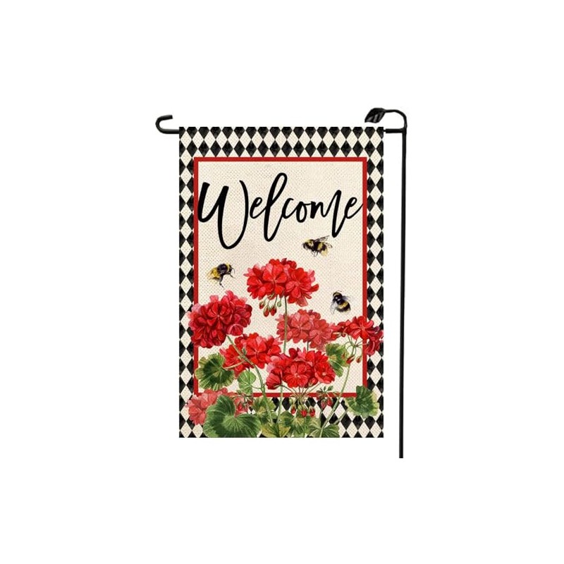 Welcome Spring Geranium Garden Flag Double Sided 12x18 Inch Summer