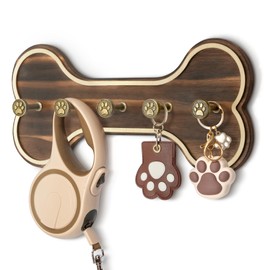 MTERSN Farmhouse Key Holder for Wall - Decorative Rustic Dog Leash Hanger Wall Mounted with Bone Shaped Hooks - Cute Storage Organizer for Home Decor (Retro Brown)