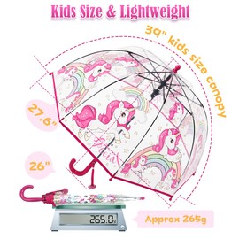 LLanxiry Clear Kids Umbrella, Small Umbrellas for Kids, Transparent Windproof Bubble Umbrella for Toddler, Boys & Girls, Dome Umbrellas for Rain (Unicorn-Red)