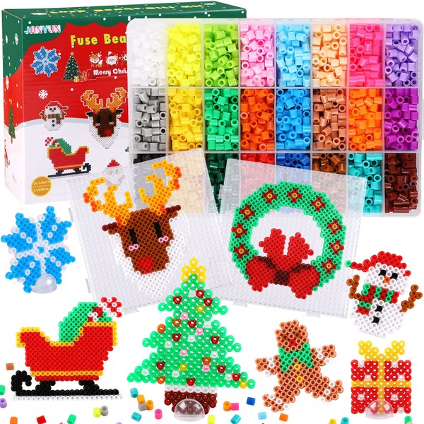 JANYUN Christmas Fuse Beads Kit - 5100Pcs+ 24 Colors Crafting Melting Beads Set for Kids, 12 Styles Christmas Patterns 2Pcs 5mm Iron Beads Pegboards for DIY Craft Making