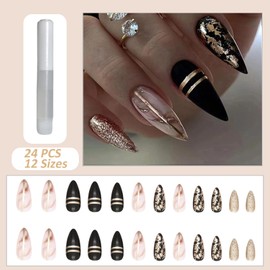24pc Almond False Nails with Full Cover - Black, Pink, Glitter, & Gold - Includes Glue for Trendy Women & Girls