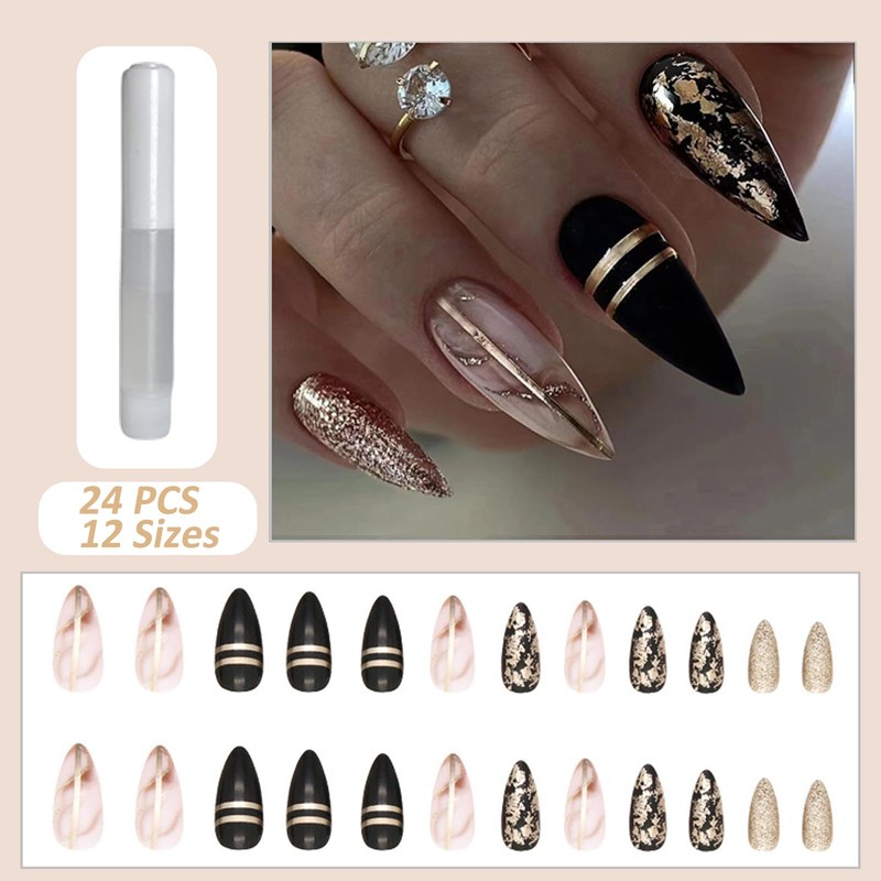 24pc Almond False Nails with Full Cover - Black, Pink,