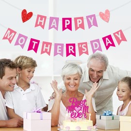 FHGG Happy Mother's Day Banner Decorations Glitter Pink Best Mom Ever Mom's Garland Sign Bunting Mothers Family Photo Backdrop for Decor Party Supplies